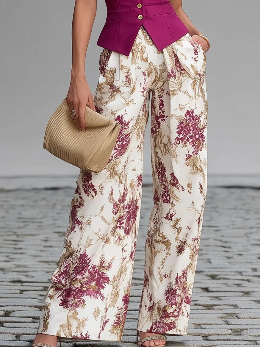 Sleeveless Button Front Vest and Floral Wide Leg Pants Two Piece Set