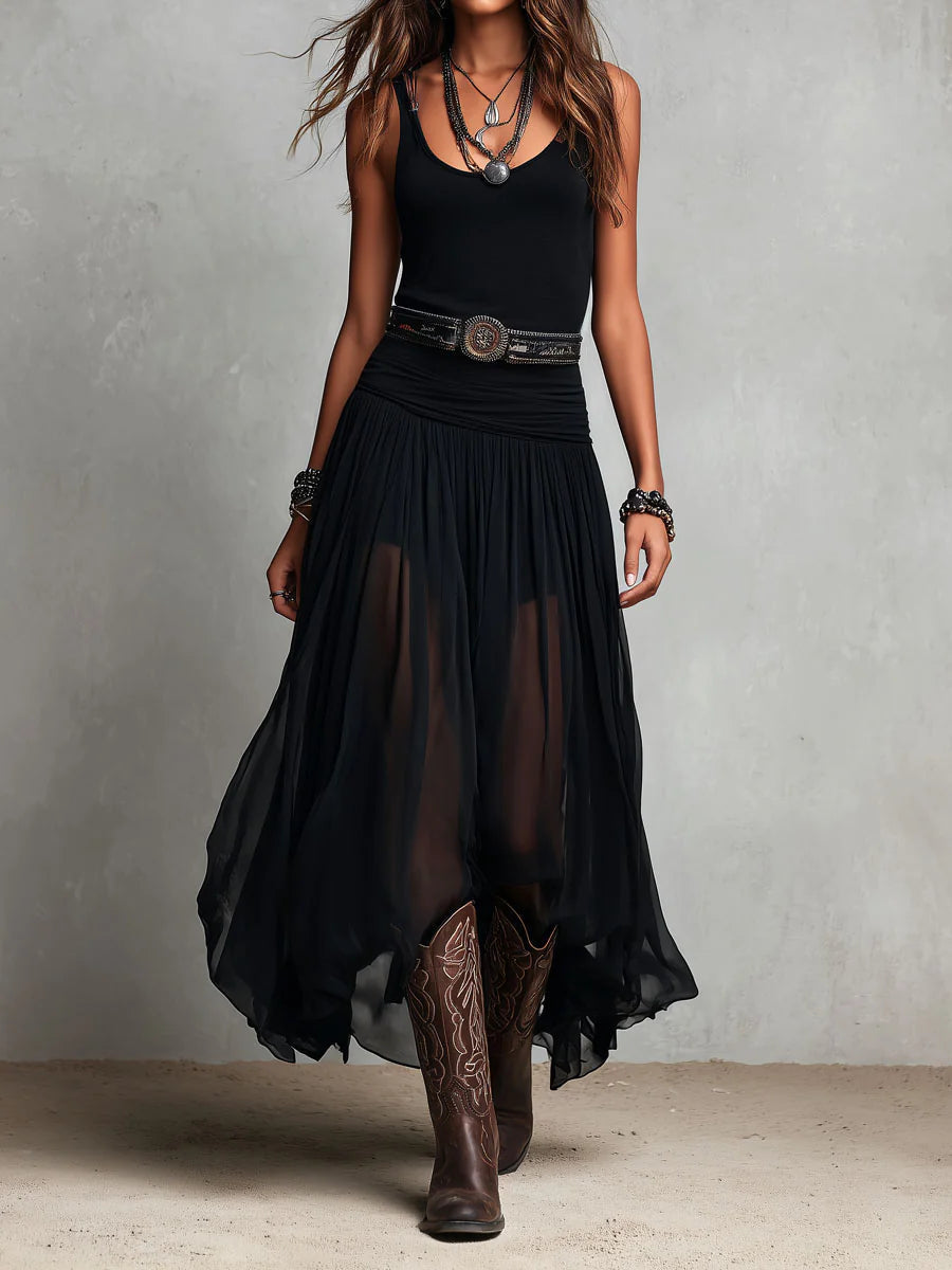 Sleeveless Tank Sheer Maxi Skirt Two Piece Set