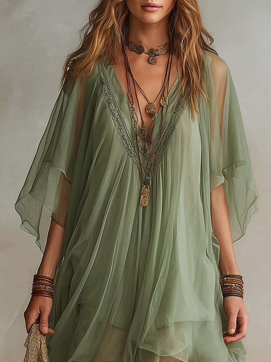 Deep V-Neck Batwing Sleeve Lace Trim Layered Chiffon Mini Dress