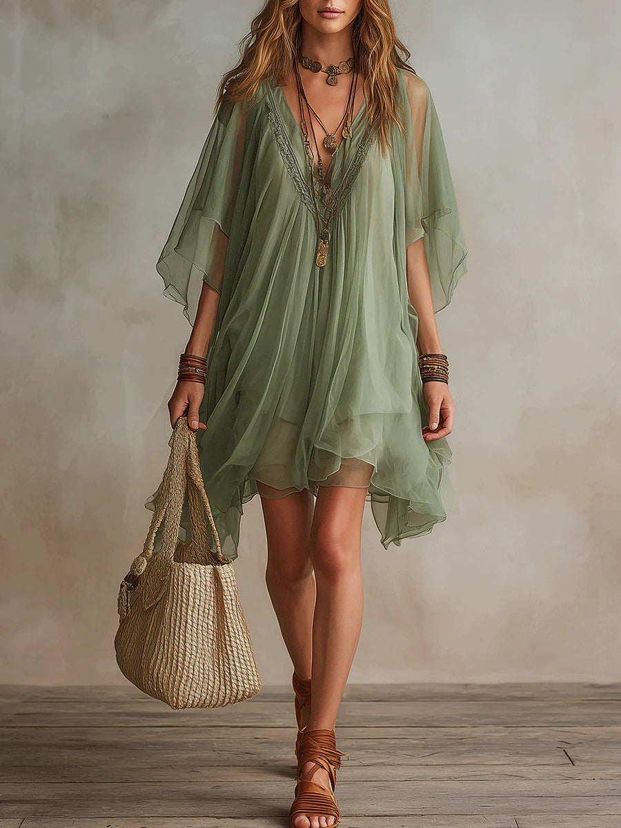 Deep V-Neck Batwing Sleeve Lace Trim Layered Chiffon Mini Dress