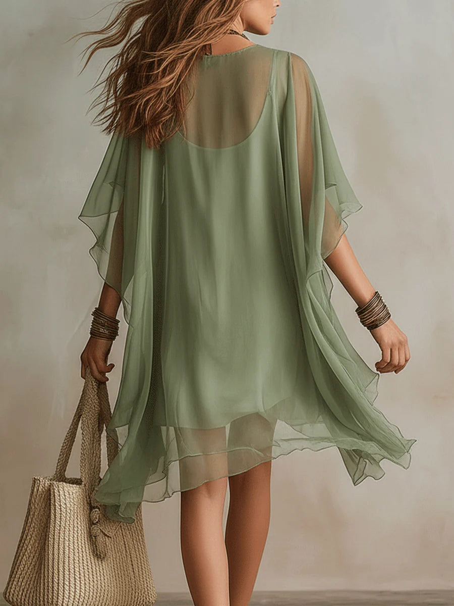 Deep V-Neck Batwing Sleeve Lace Trim Layered Chiffon Mini Dress