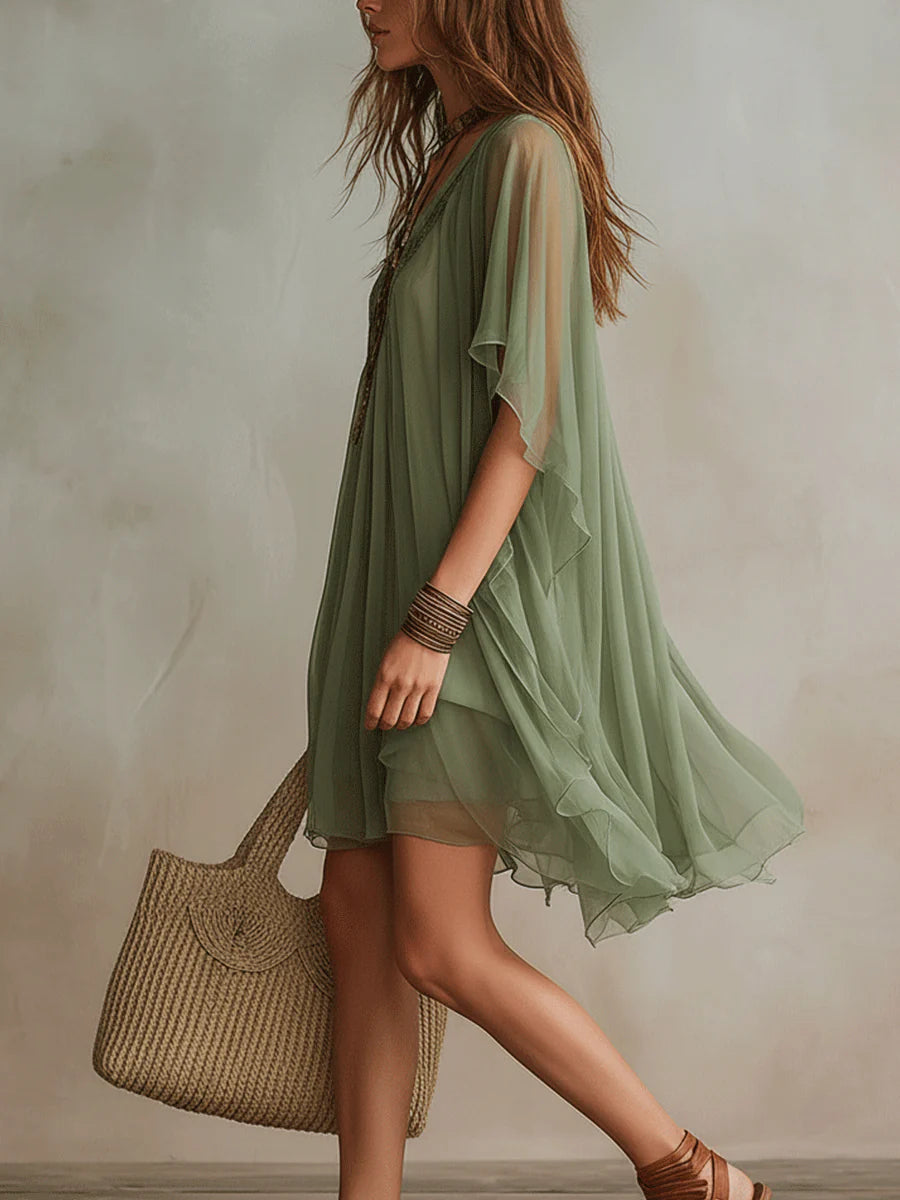 Deep V-Neck Batwing Sleeve Lace Trim Layered Chiffon Mini Dress