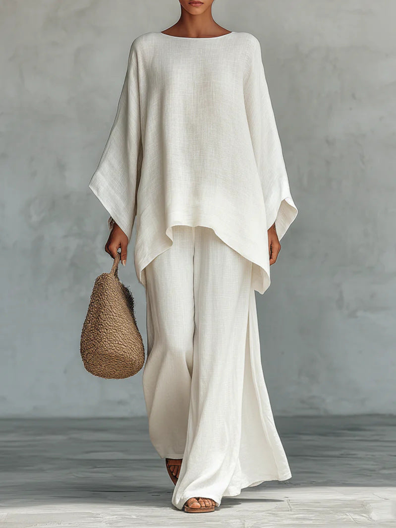 Boat Neck Long Sleeve Top and Wide Leg Pants Two Piece Set