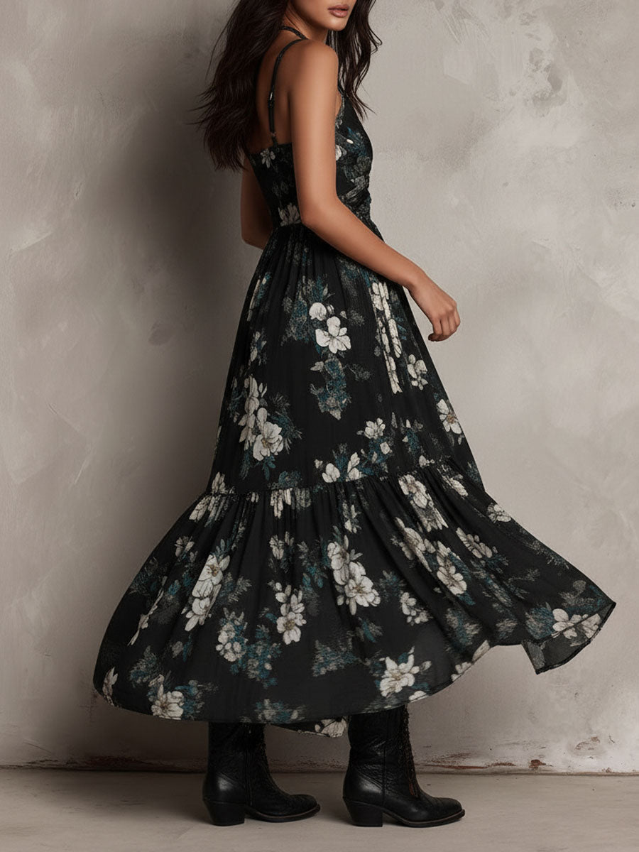 Floral Print Sweetheart Neck High Low Ruffle Maxi Dress