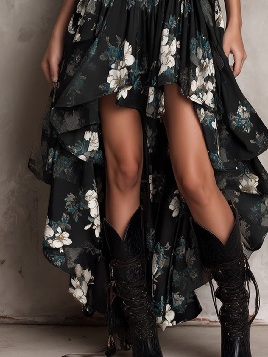 Floral Print Sweetheart Neck High Low Ruffle Maxi Dress