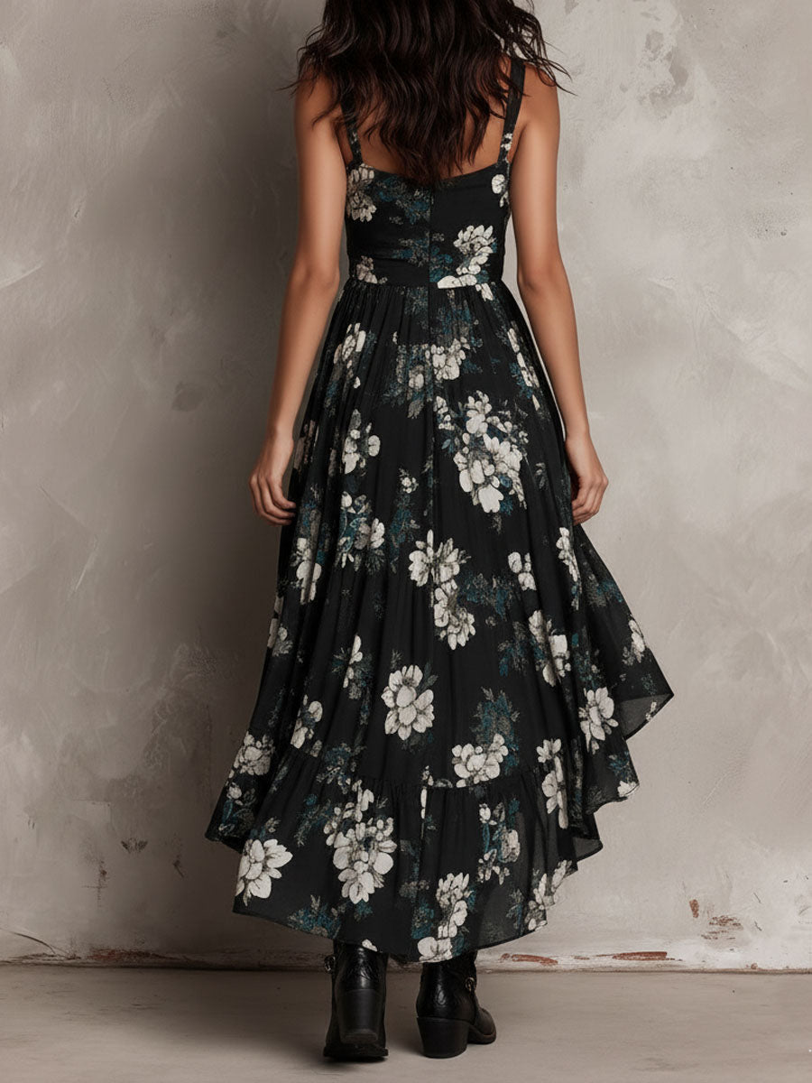 Floral Print Sweetheart Neck High Low Ruffle Maxi Dress