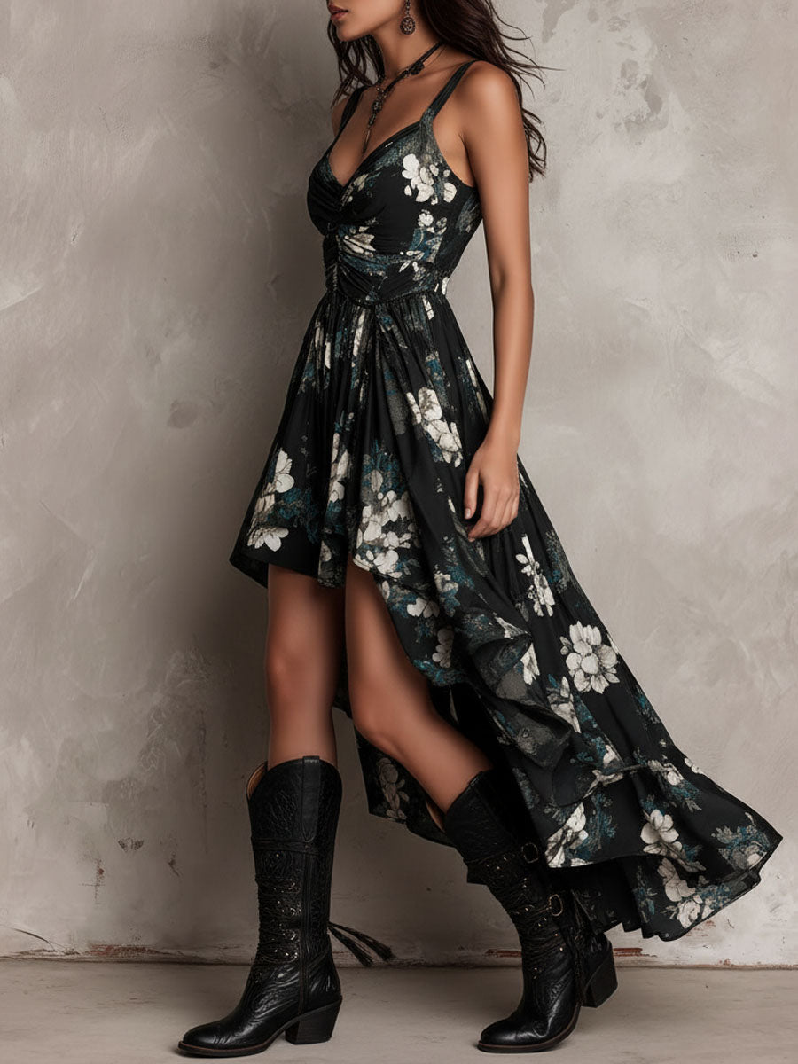 Floral Print Sweetheart Neck High Low Ruffle Maxi Dress
