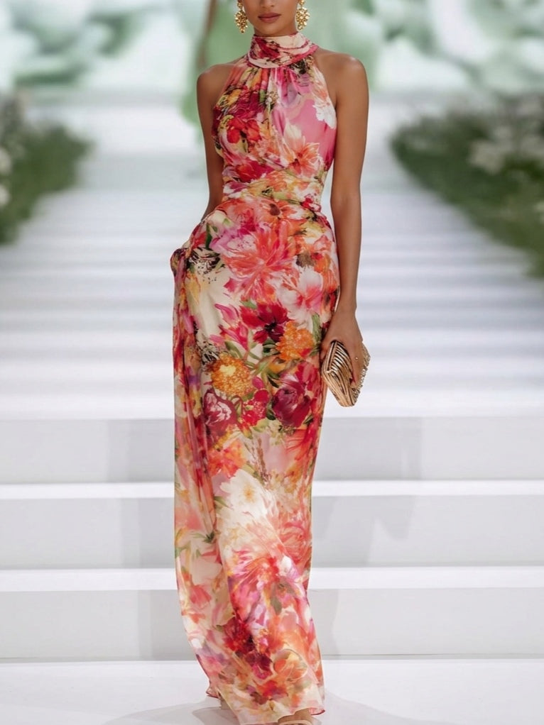 Floral Print Halter Neck Sleeveless Maxi Dress