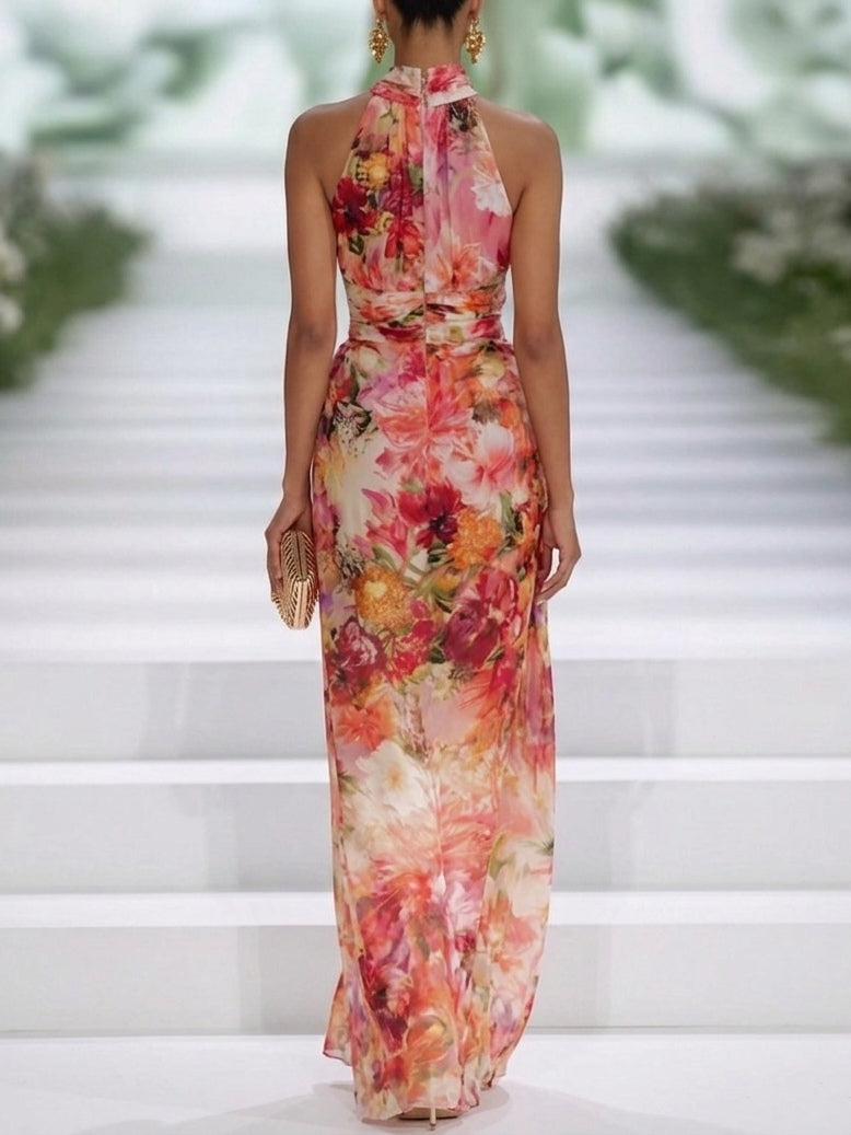 Floral Print Halter Neck Sleeveless Maxi Dress