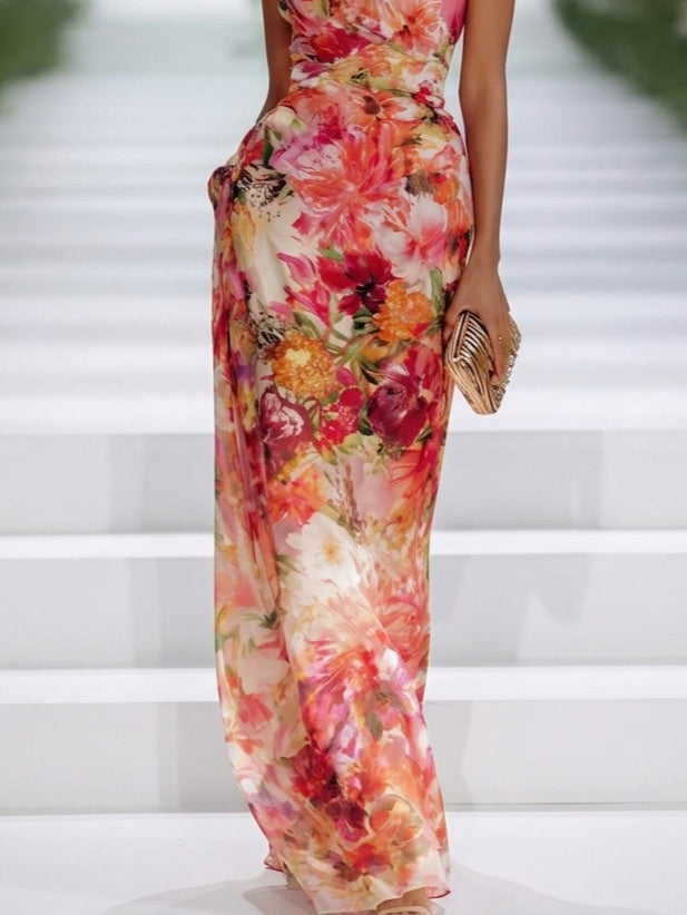 Floral Print Halter Neck Sleeveless Maxi Dress