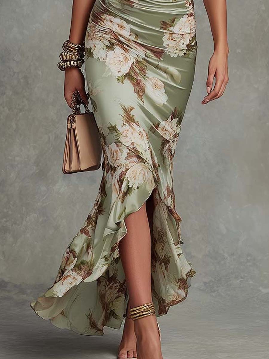 Floral Satin Deep V-Neck Ruched Mermaid Maxi Dress 7