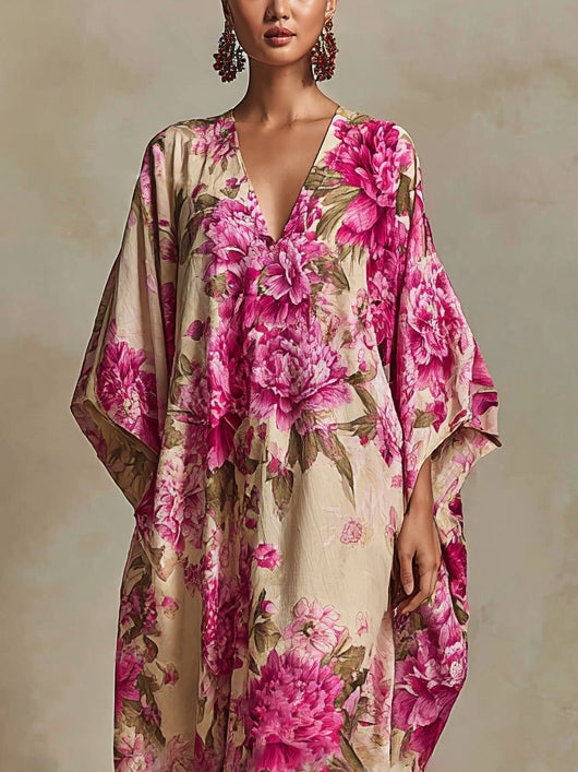 Floral Art Resort V-hals Batwing Mouw Kaftan Maxi Jurk