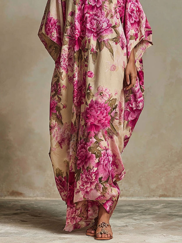 Floral Art Resort V-hals Batwing Mouw Kaftan Maxi Jurk