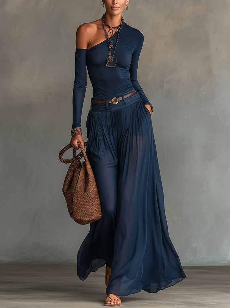 One Shoulder Long Sleeve Top and Belted Wide Leg Pants Two Piece Set