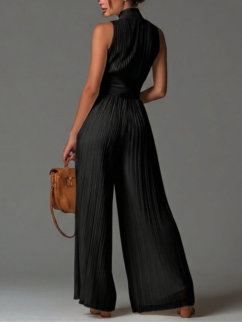 Sleeveless Deep V-Neck Zip Front Pleated Wide Leg Jumpsuit