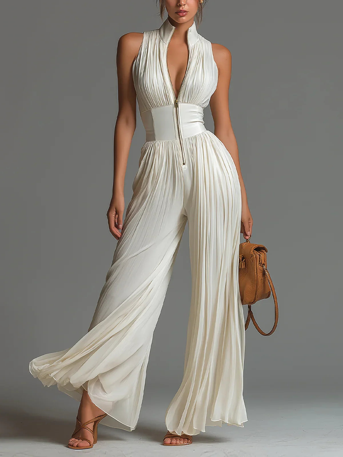 Sleeveless Deep V-Neck Zip Front Pleated Wide Leg Jumpsuit