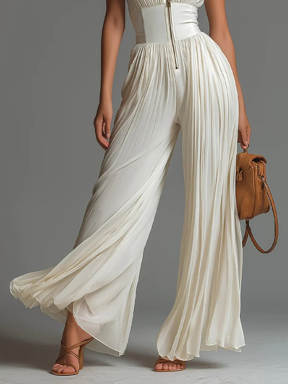 Sleeveless Deep V-Neck Zip Front Pleated Wide Leg Jumpsuit