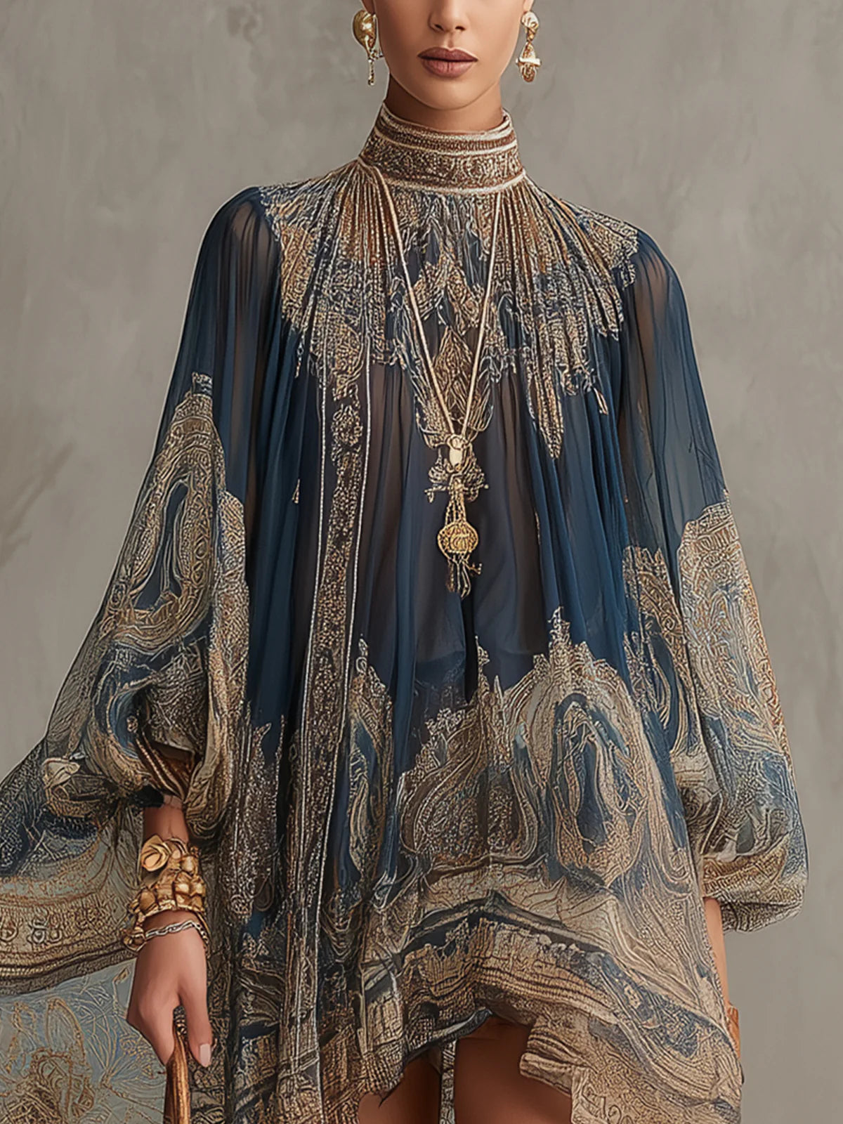 Baroque Print High Neck Long Sleeve Chiffon Mini Dress 4