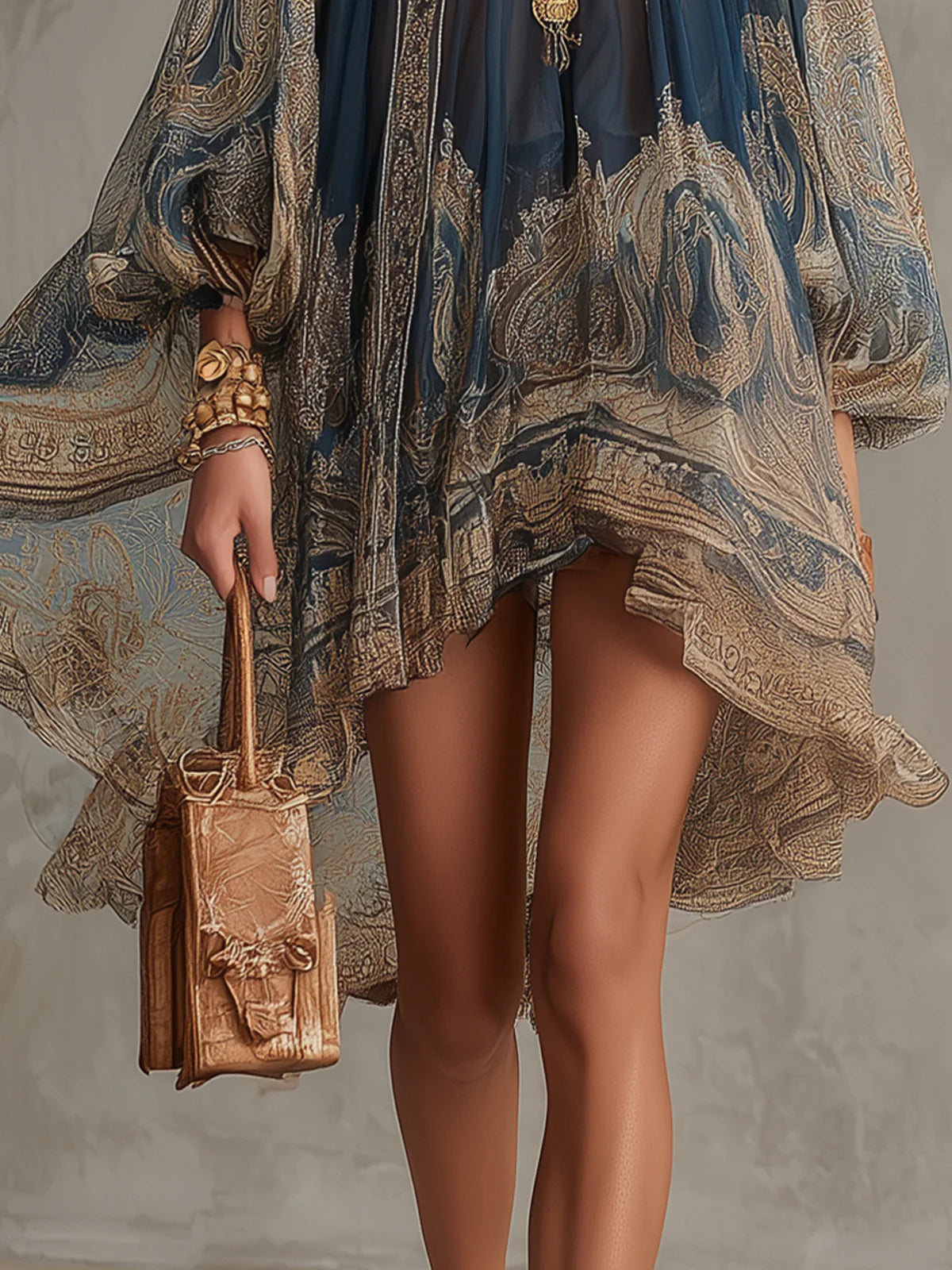 Baroque Print High Neck Long Sleeve Chiffon Mini Dress 5