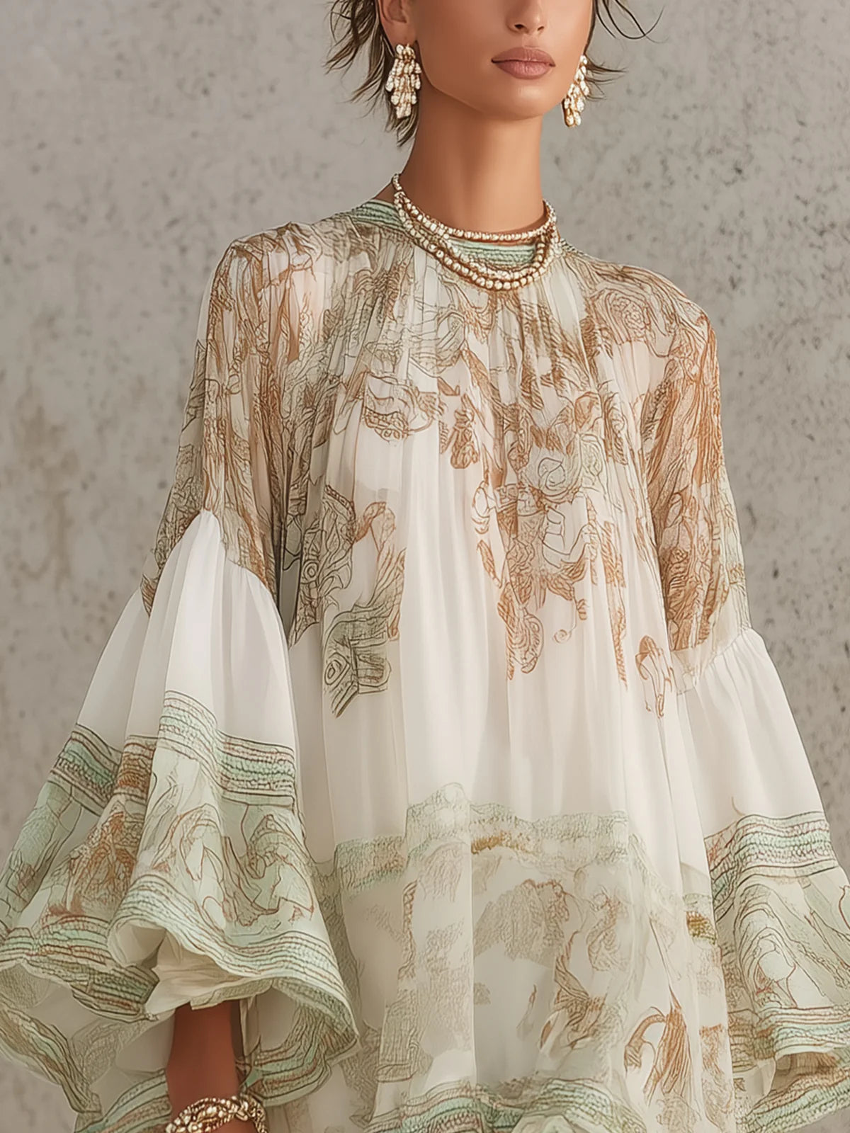 Printed Chiffon High Neck Bishop Sleeve Ruffle Hem Mini Dress