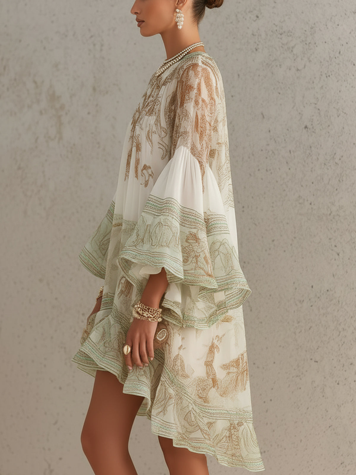 Printed Chiffon High Neck Bishop Sleeve Ruffle Hem Mini Dress