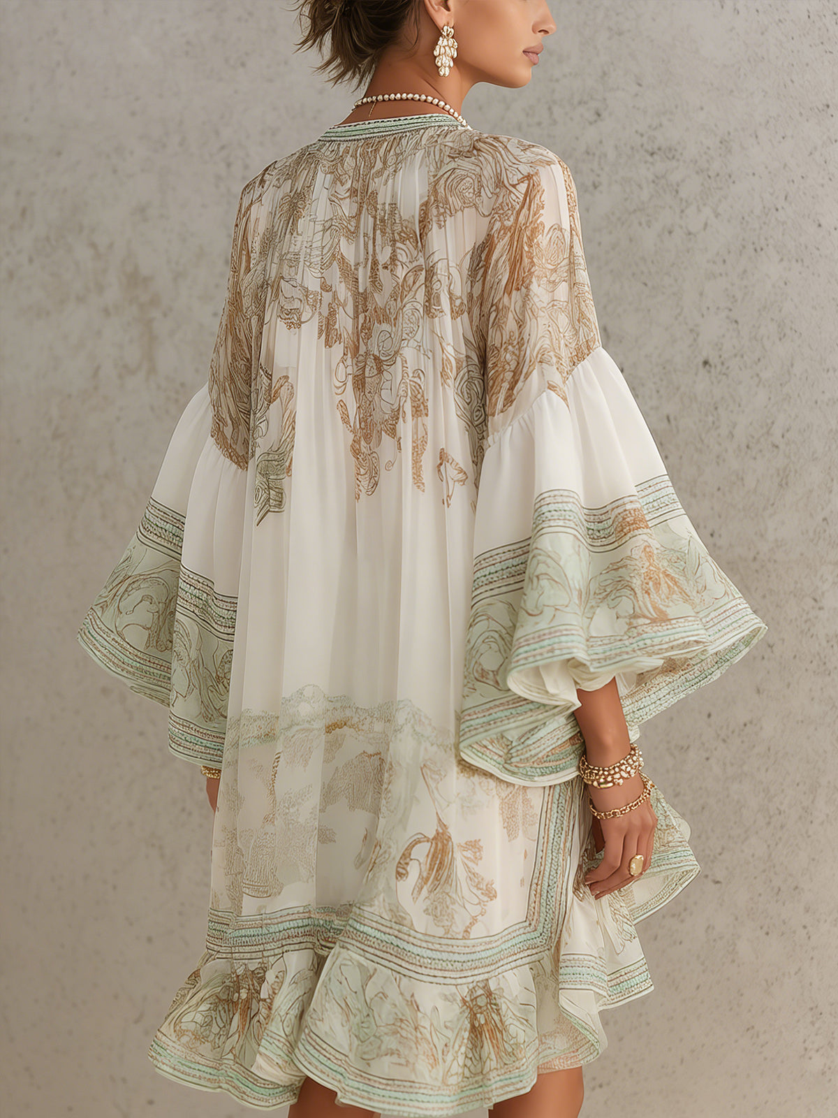 Printed Chiffon High Neck Bishop Sleeve Ruffle Hem Mini Dress