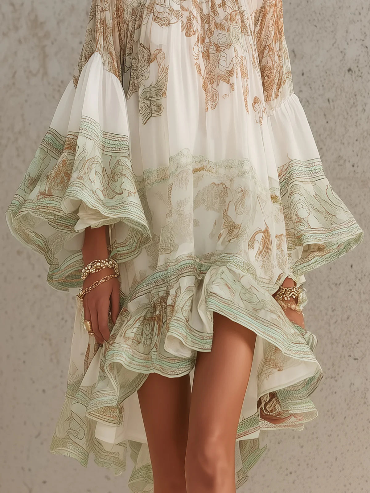 Printed Chiffon High Neck Bishop Sleeve Ruffle Hem Mini Dress