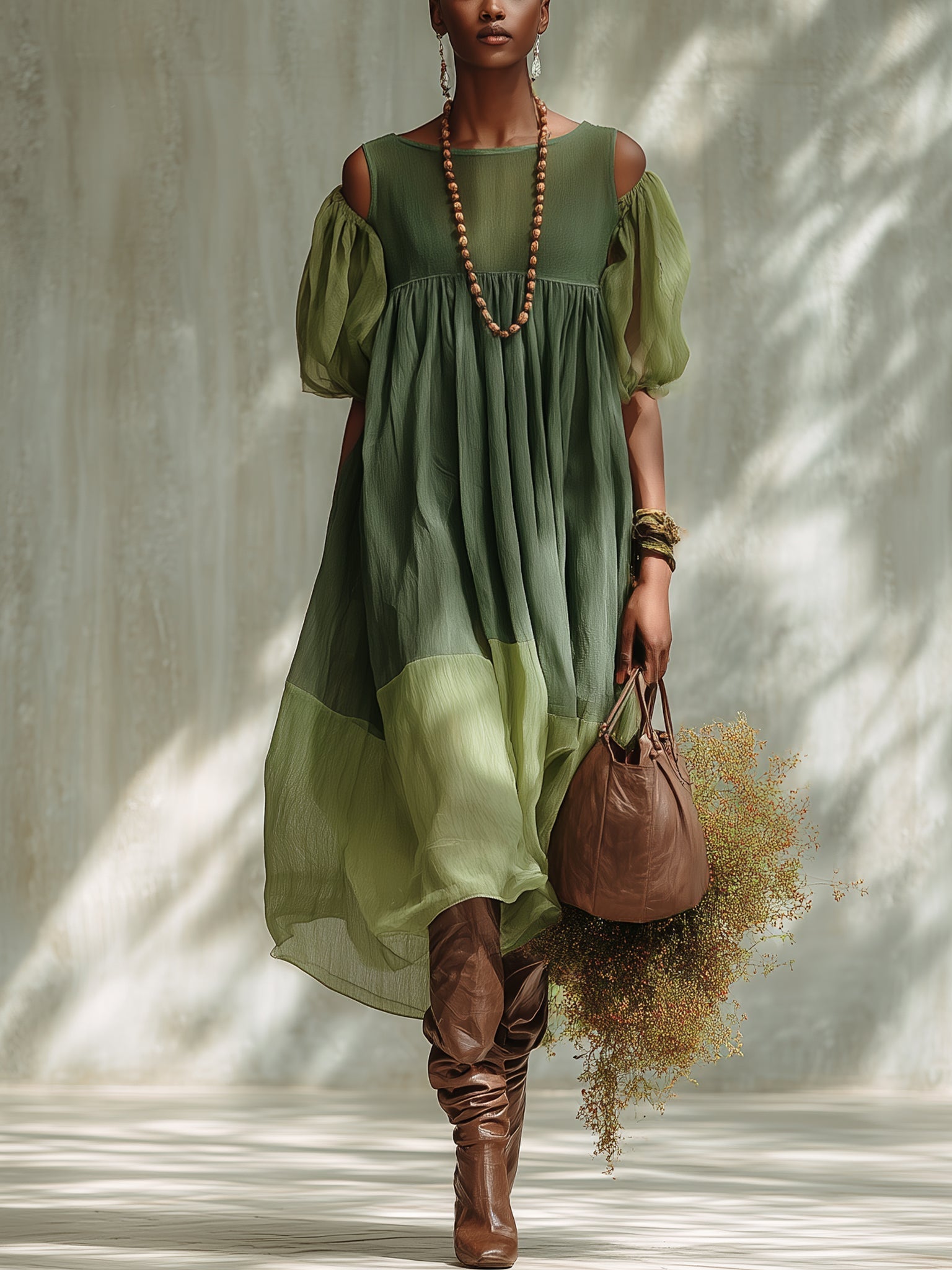 Cut Out Shoulder Puff Sleeve Tiered Midi Dress