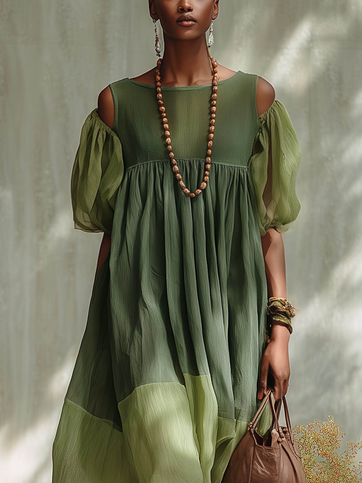 Cut Out Shoulder Puff Sleeve Tiered Midi Dress