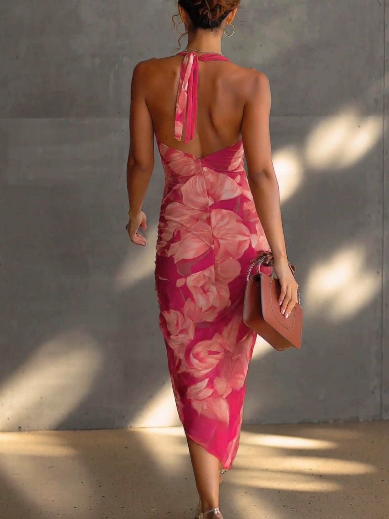 Floral Print Halter Neck Ruched High Split Bodycon Midi Dress