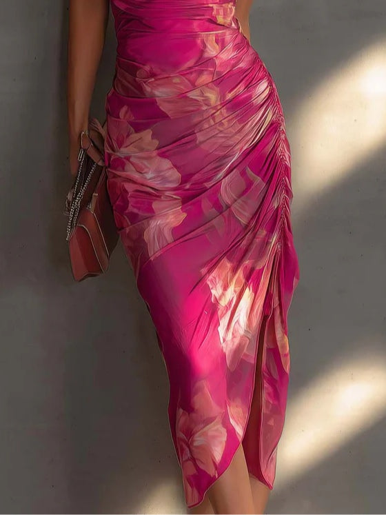 Floral Print Halter Neck Ruched High Split Bodycon Midi Dress