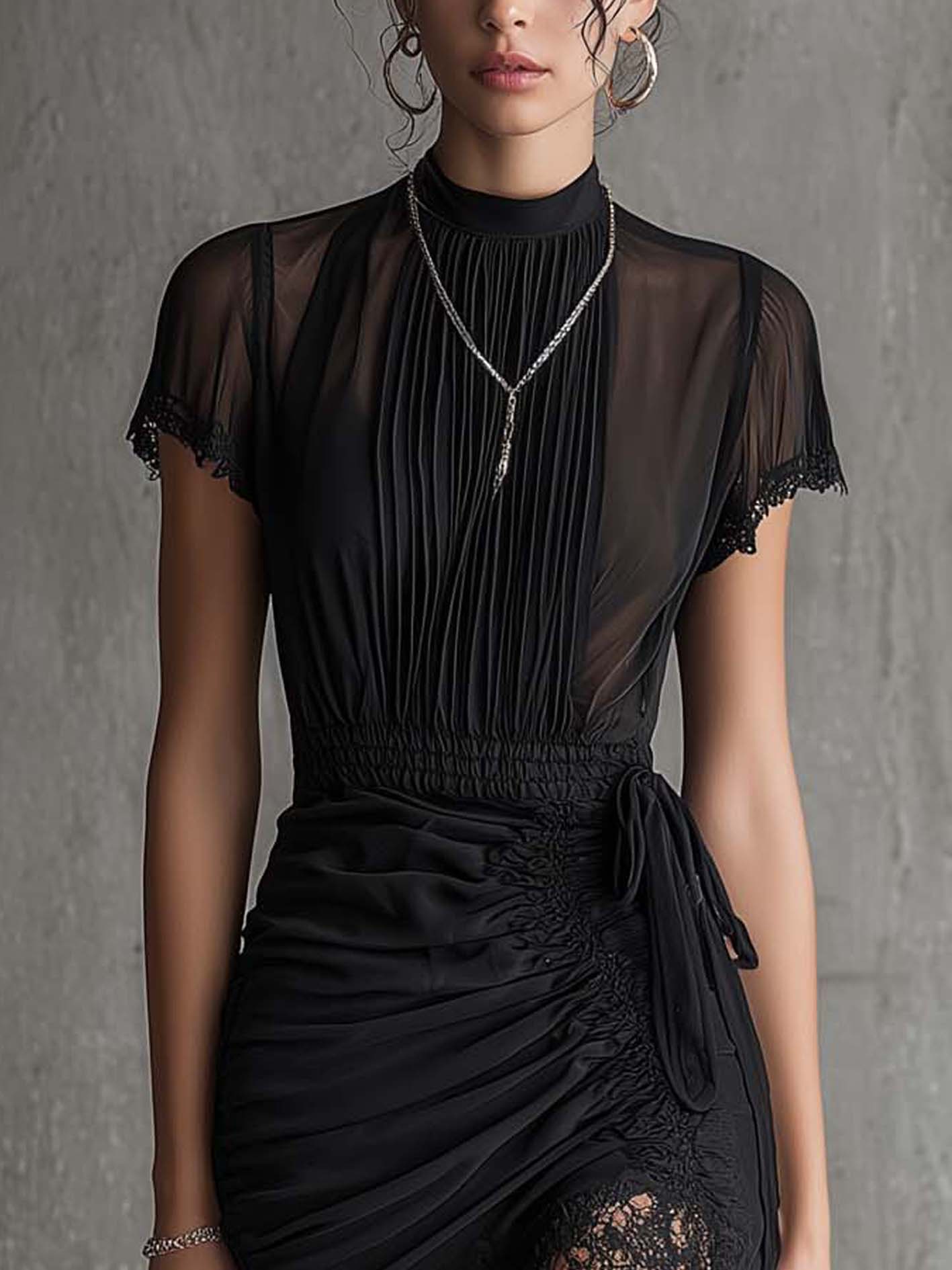 Mock Neck Flutter Sleeve Sheer Mesh Top and Ruched Lace Trim Skirt Two Piece Set