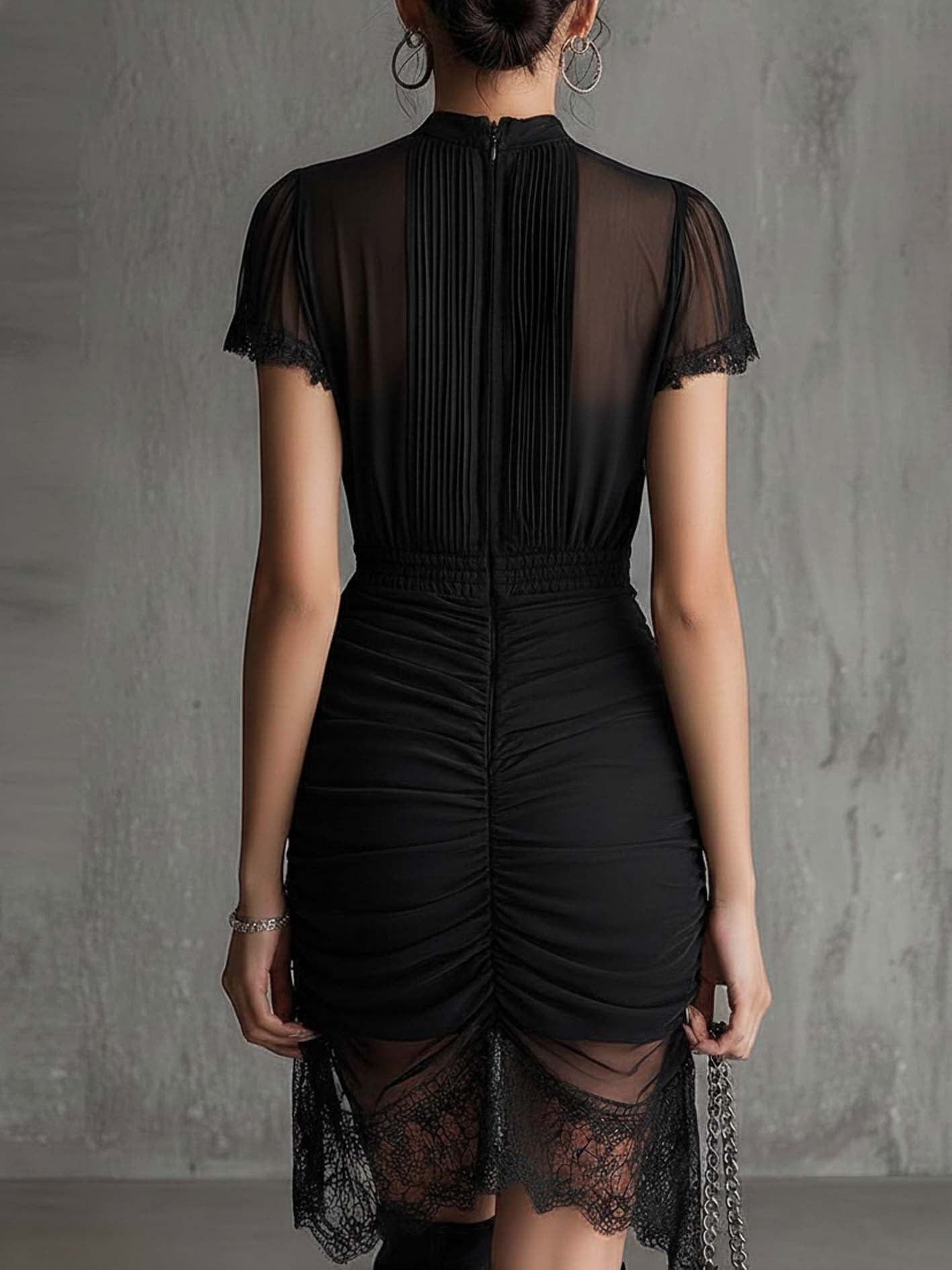 Mock Neck Flutter Sleeve Sheer Mesh Top and Ruched Lace Trim Skirt Two Piece Set