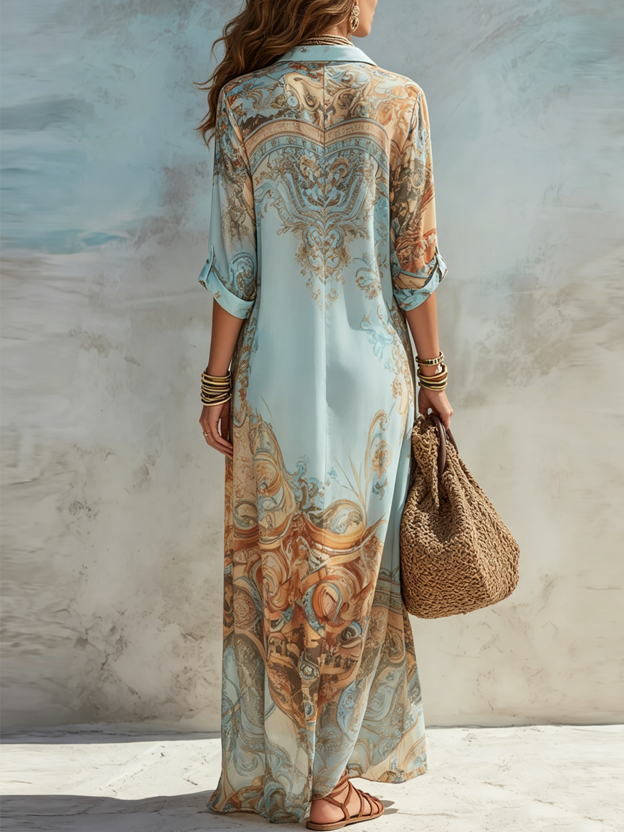 Baroque Print Collared Button Front Long Sleeve Maxi Shirt Dress