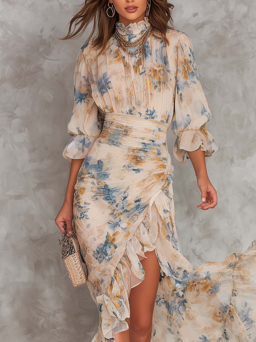 Floral Print Mock Neck Puff Sleeve Ruched High Split Maxi Dress