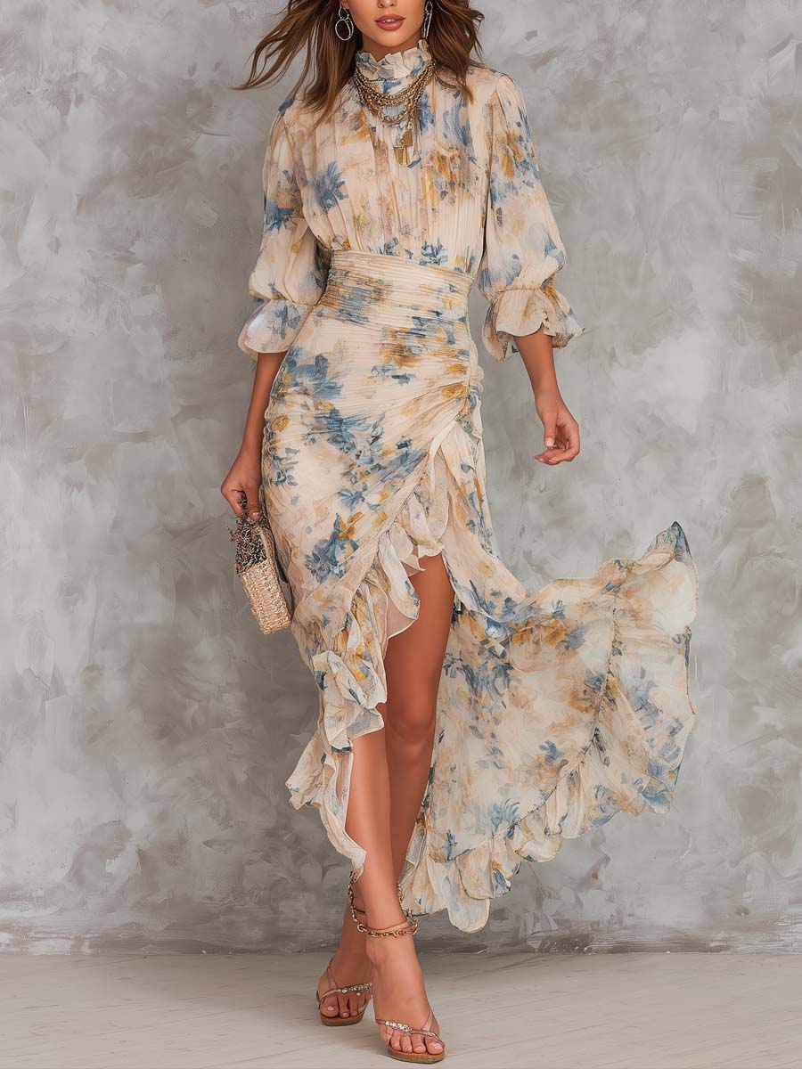 Floral Chiffon Ruched Ruffle Hem High Split Maxi Dress