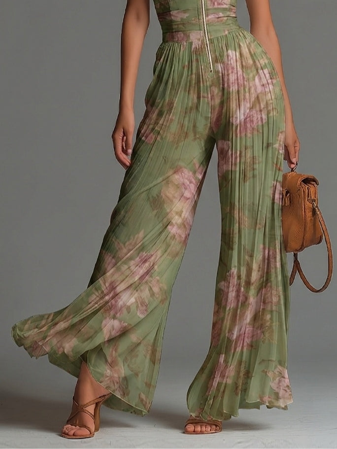 Floral Print Deep V-Neck Sleeveless Wide Leg Jumpsuit