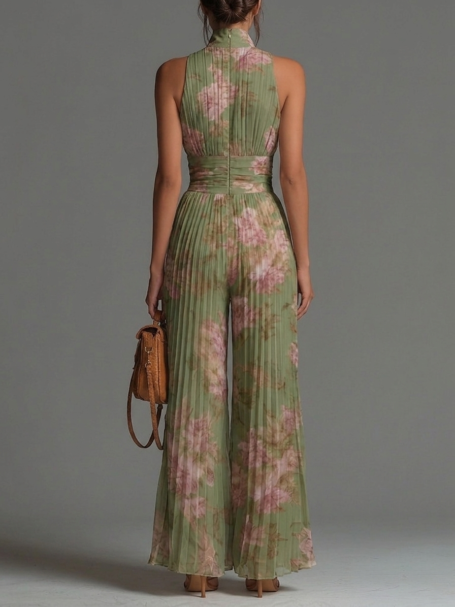 Floral Print Deep V-Neck Sleeveless Wide Leg Jumpsuit