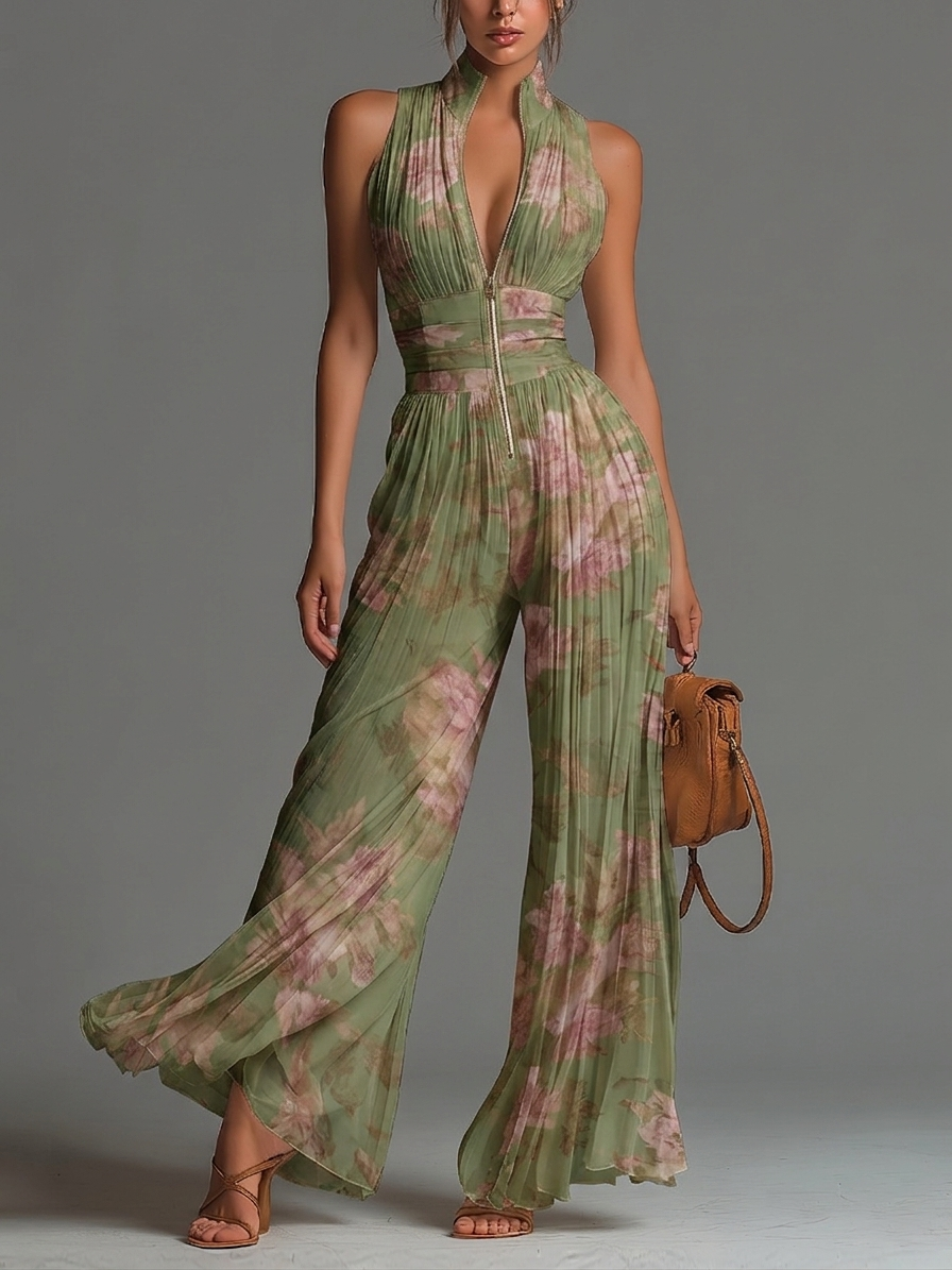Floral Print Deep V-Neck Sleeveless Wide Leg Jumpsuit