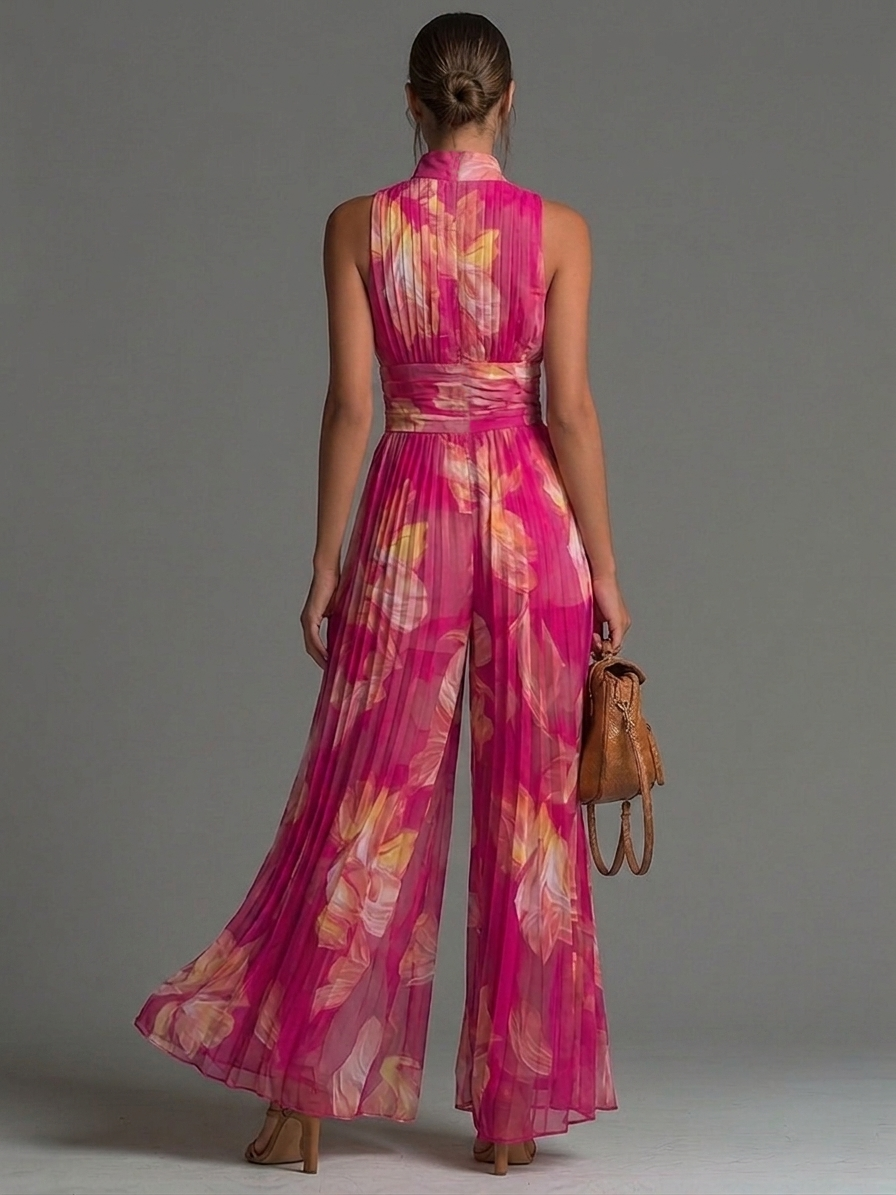 Sleeveless Zip Front Pleated Wide Leg Chiffon Jumpsuit