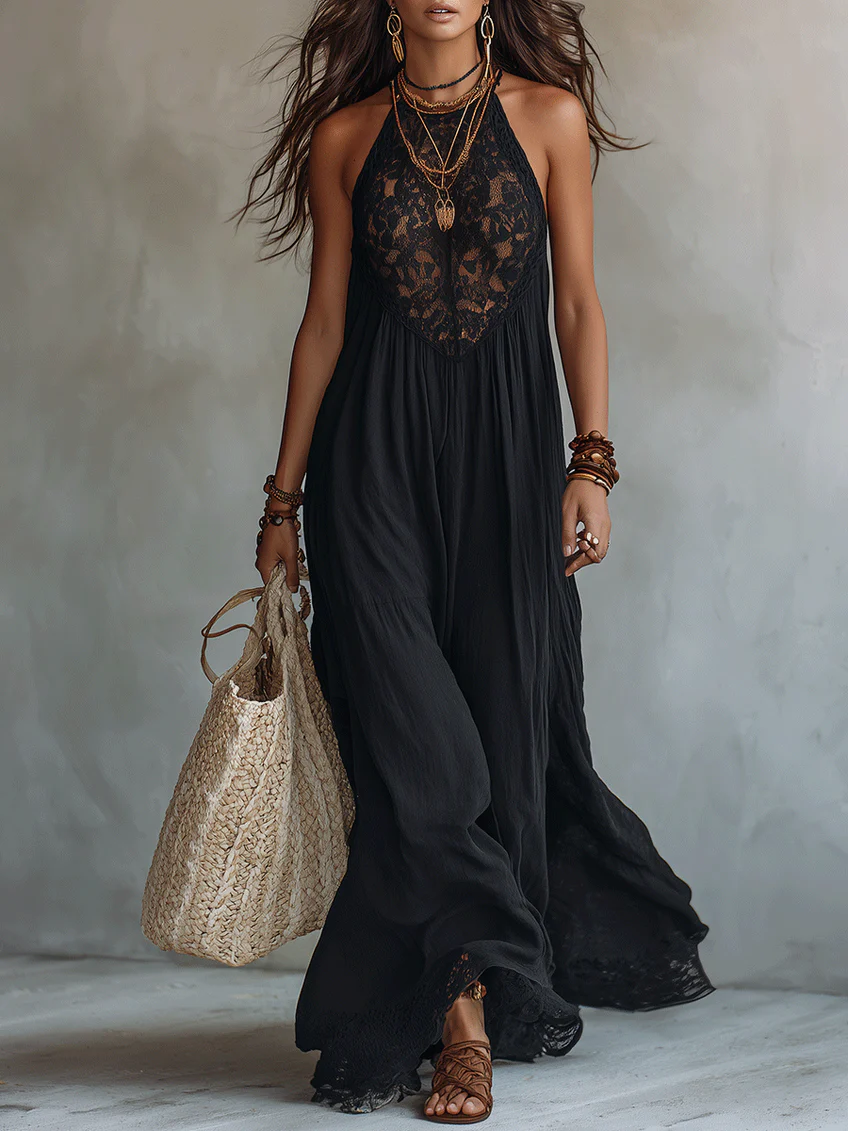 Lace Bodice Halter Neck Wide Leg Jumpsuit
