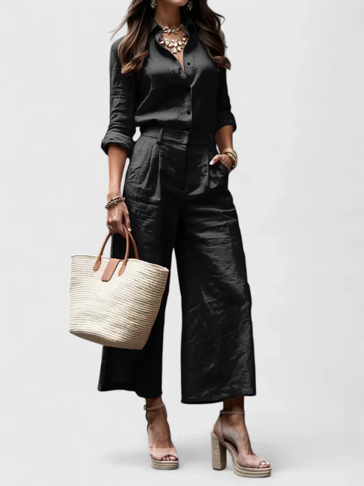 Long Sleeve Button Shirt and Wide Leg Pants Two Piece Set