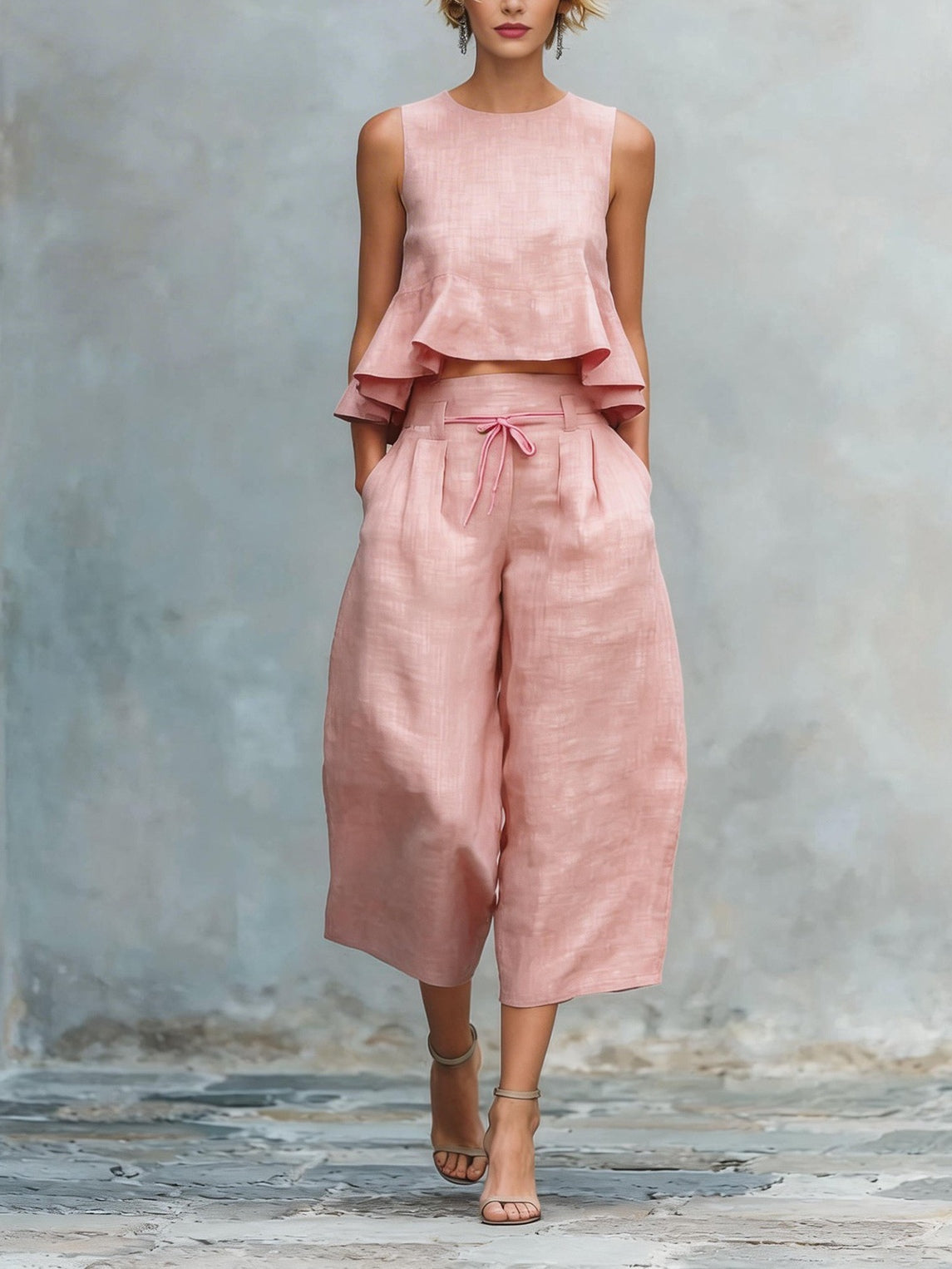 Sleeveless Peplum Top and Wide Leg Culottes Two Piece Set