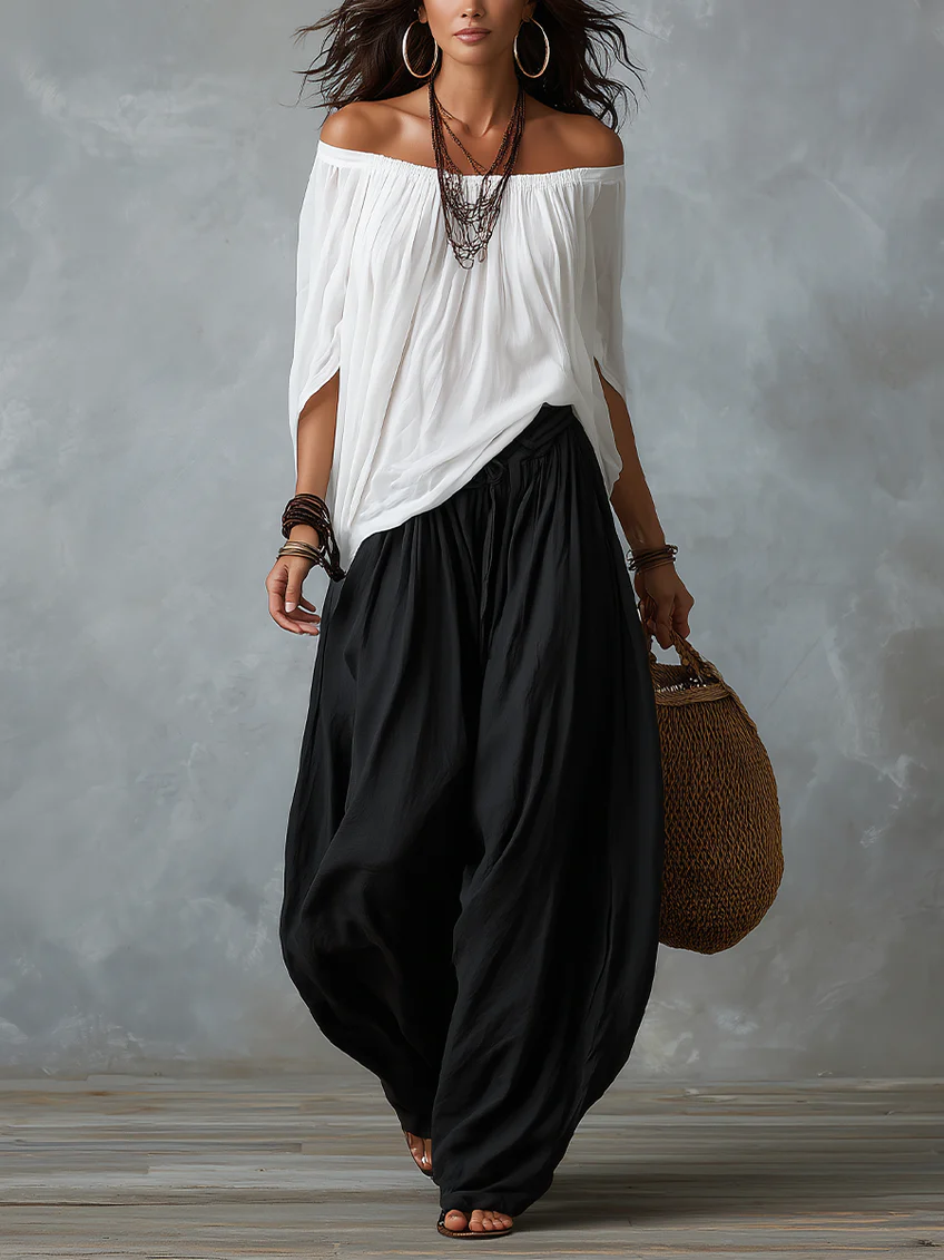 Off Shoulder Top and Wide Leg Pants Two Piece Set