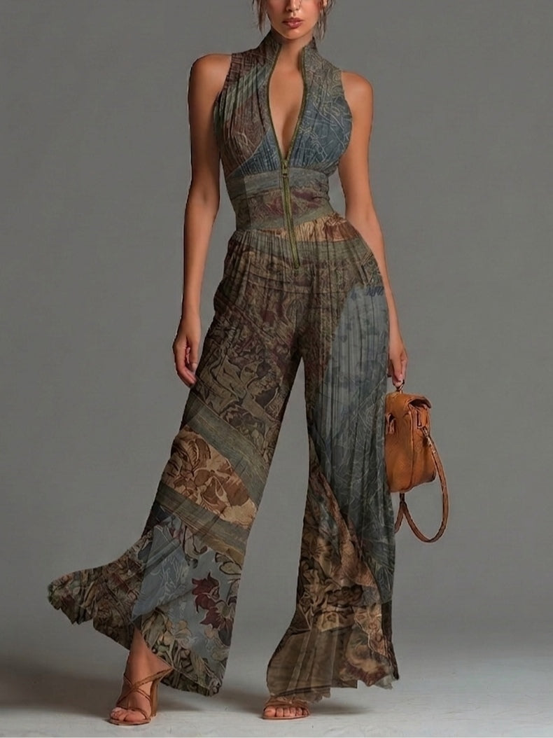 Ethnic Print Sleeveless V-Neck Zip Front Pleated Wide Leg Jumpsuit