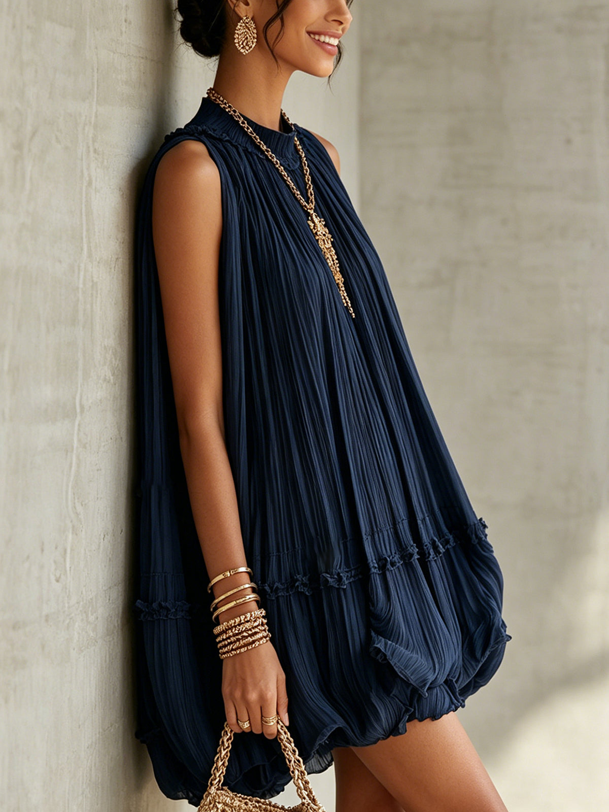 Pleated Mock Neck Sleeveless Bubble Hem Mini Dress