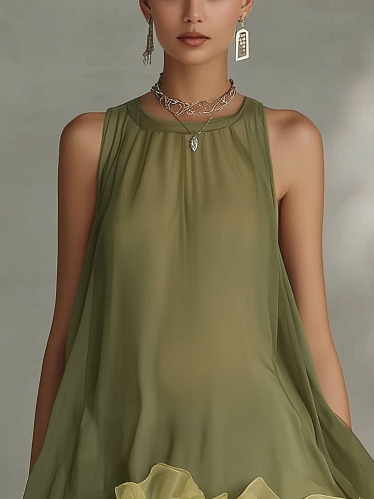 Olive Green Layered Ruffled Chiffon Mini Dress