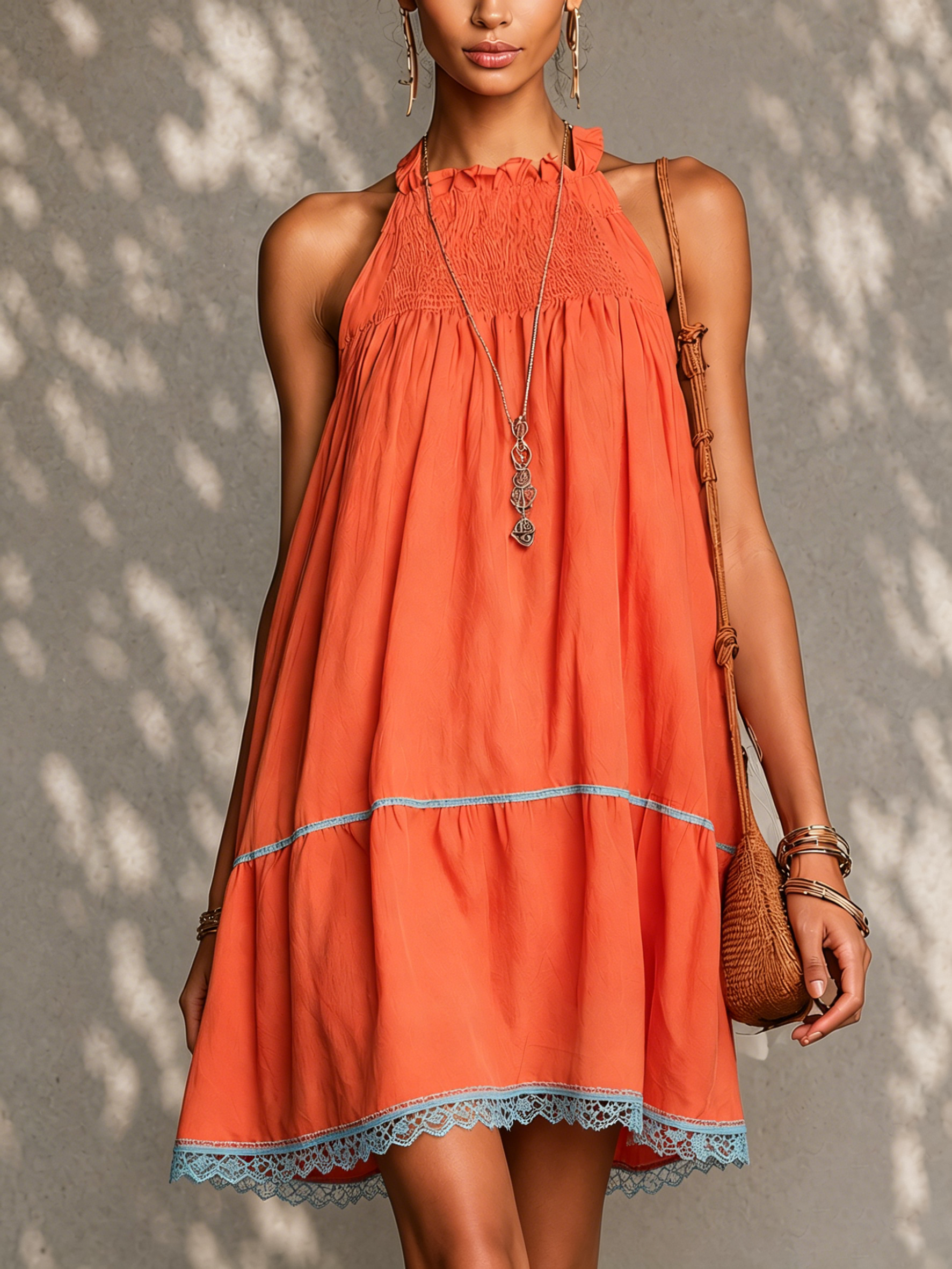 Orange Patchwork Lace Trim Sleeveless Pleated Mini Dress