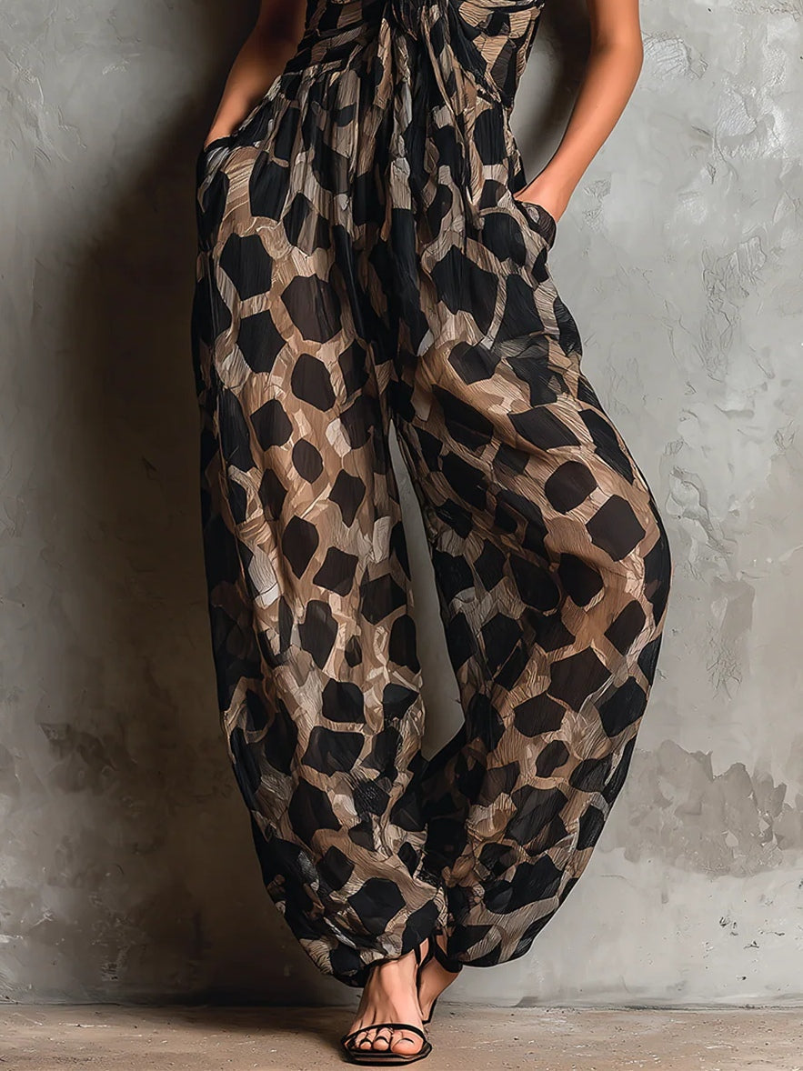 Animal Print Deep V-Neck Halter Wide Leg Jumpsuit