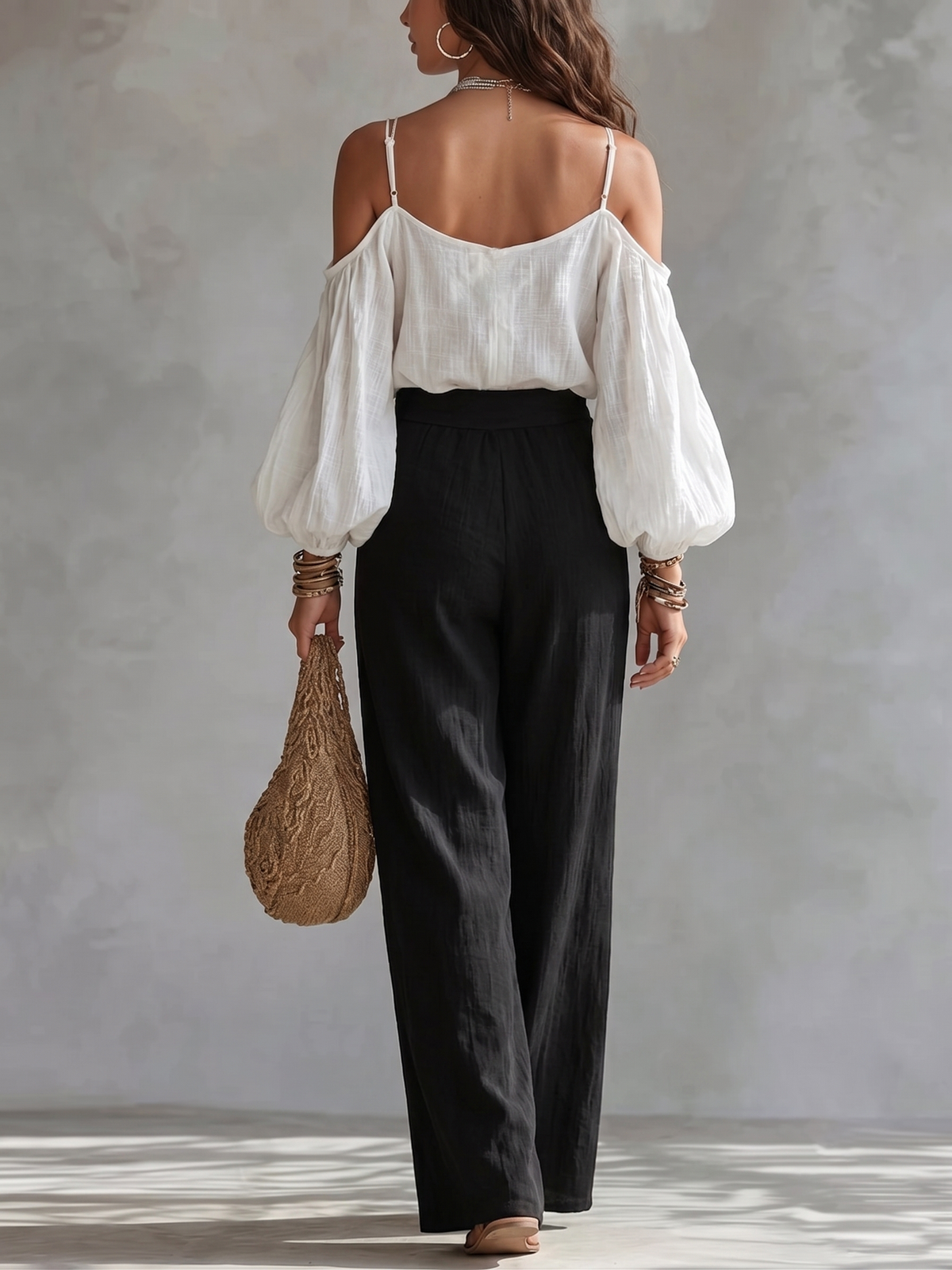 White Strapless Top and Black Wide-Leg Pants Set